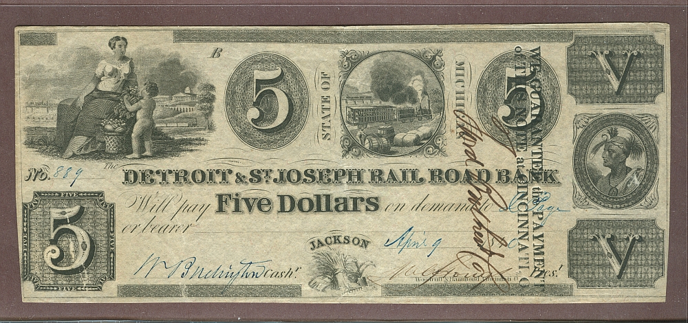 Jackson, Michigan, 1840 $5 Detroit & St. Joseph Rail Road Bank $5 (Issued)